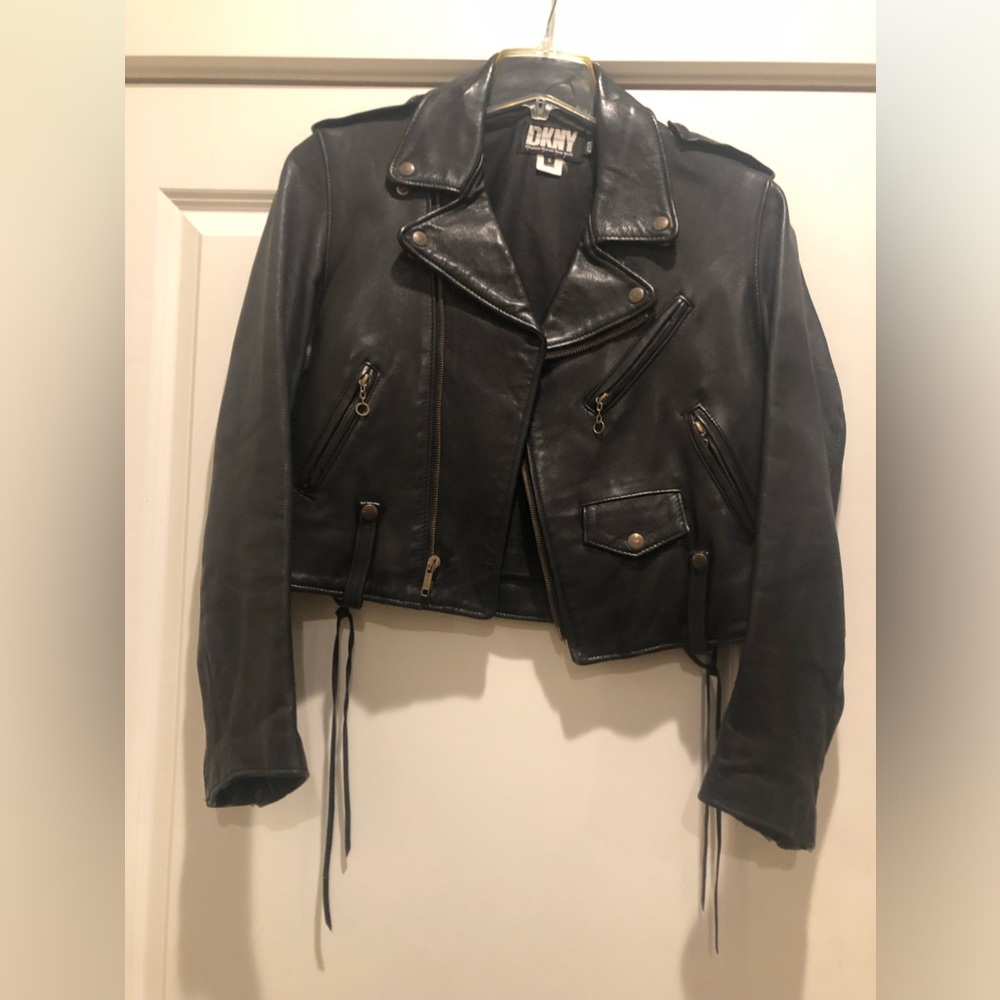 DKNY VINTAGE LEATHER MOTORCYCLE JACKET BLACK  Size-SMALL